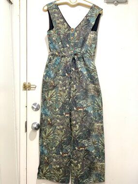 PICTURE FIGHT CLIMATE CHANGE WIDE LEG LINEN BLEND JUNGLE PRINT JUMPSUITS SIZE XL